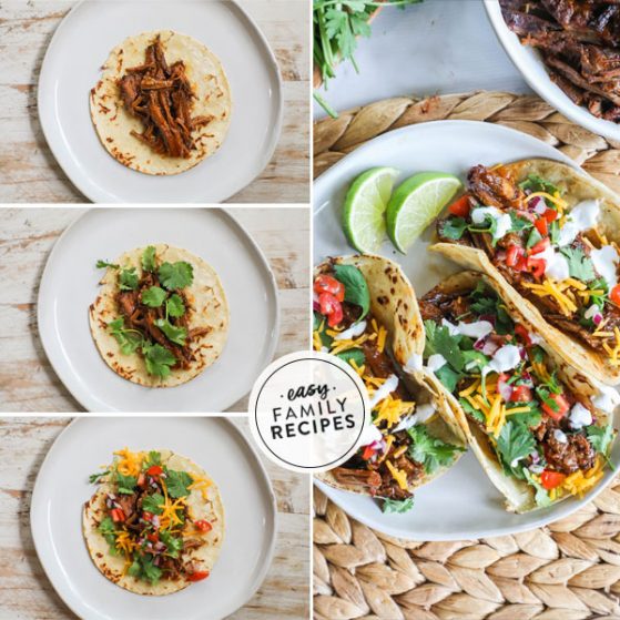 Step by step for making leftover brisket tacos 1. Toast tortillas in oil and add Brisket. 2. Top taco with cilantro. 3. Finish with pico de gallo, cheese, and sour cream. 4. Fold brisket tacos and serve with lime wedges.