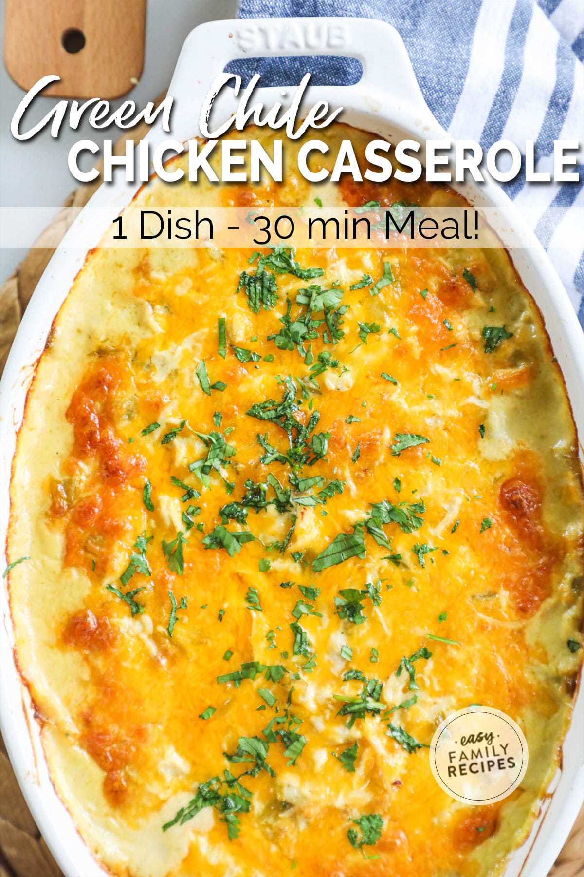 Casserole dish with Baked Green Chile Chicken Casserole made with shredded rotisserie chicken.