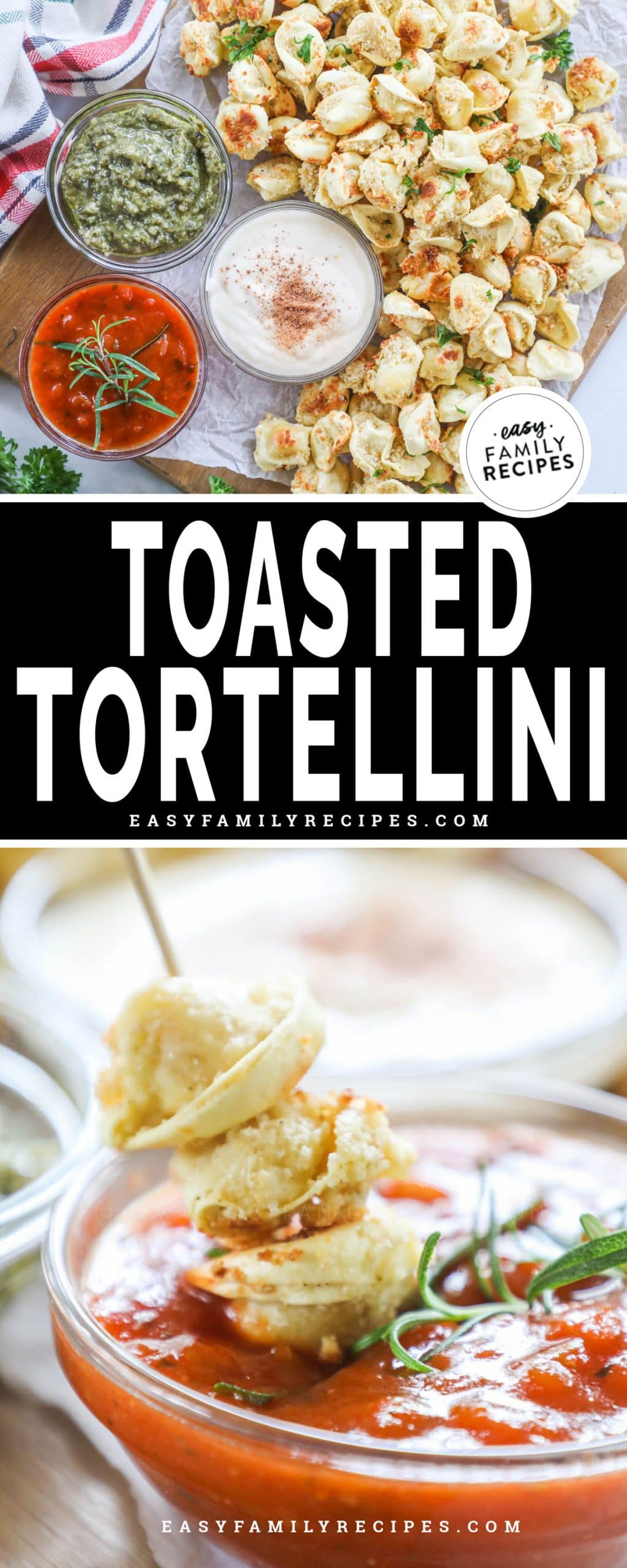 Crispy toasted tortellini being dipped in marinara sauce