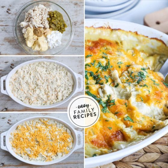 Step by step for making green chile chicken casserole 1. Combine rotisserie chicken, cream of chicken soup, green chiles, sour cream, and seasonings. 2. Spread mixture in a casserole dish. 3. Top with cheese and bake. 4. Serve with rice and beans