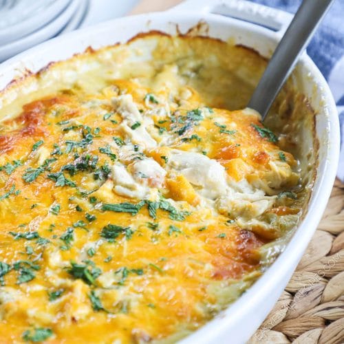 Green Chile Chicken in casserole dish after baking