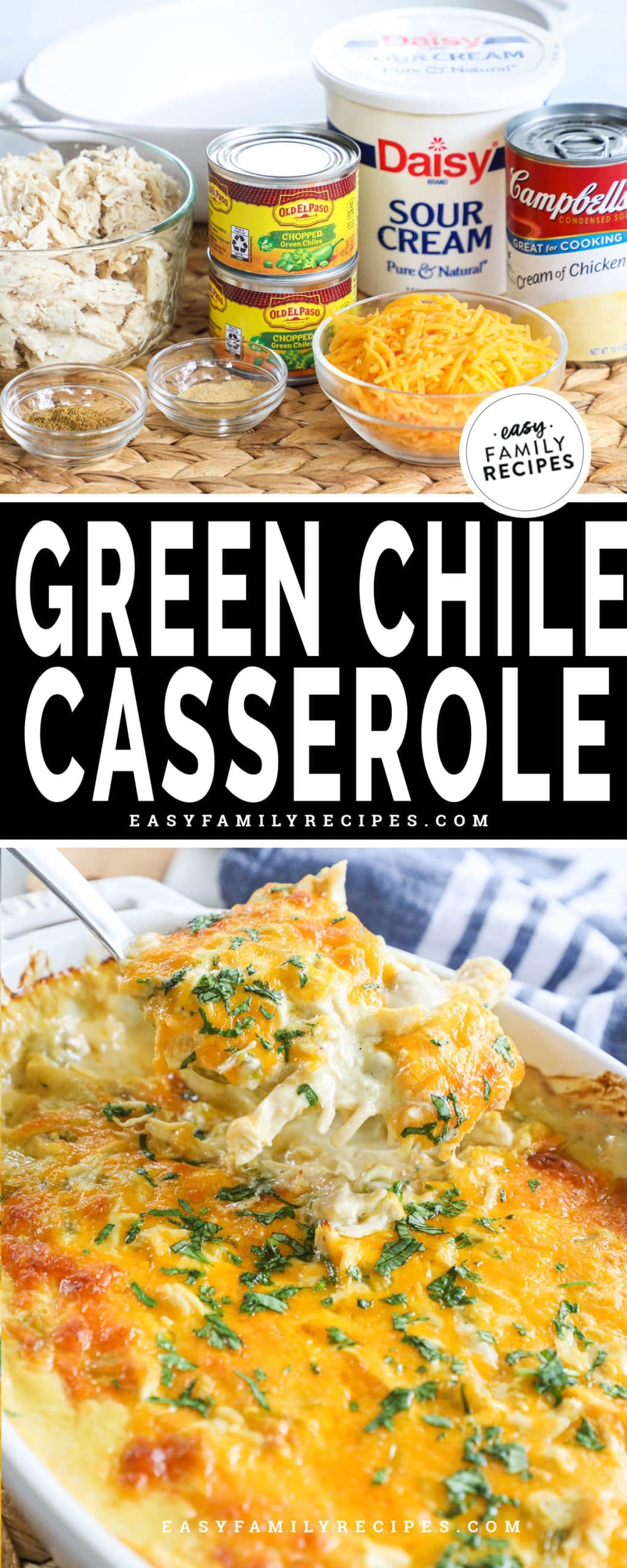 Scooping Creamy Green Chile Chicken Casserole to serve on rice