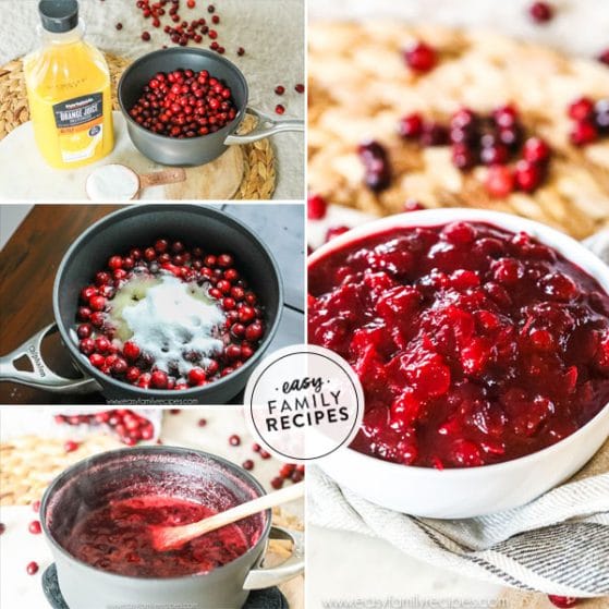 step by step for making homemade cranberry sauce 1. Gather ingredients. 2. Place all ingredients in a heavy pot. 3. Bring to a boil. 4. Cool.