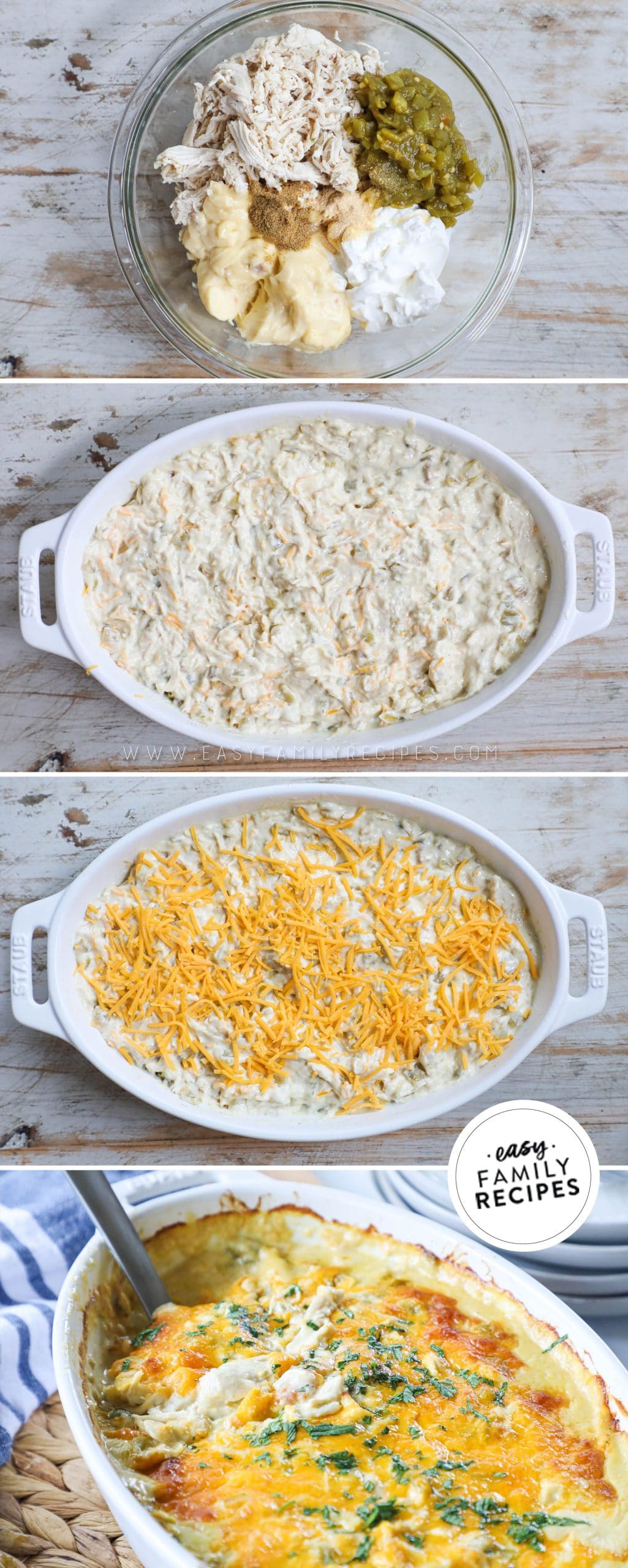 How to make Green Chile Chicken Casserole- 1. Combine rotisserie chicken, cream of chicken soup, green chiles, sour cream, and seasonings. 2. Spread mixture in a casserole dish. 3. Top with cheese and bake. 4. Serve with rice and beans