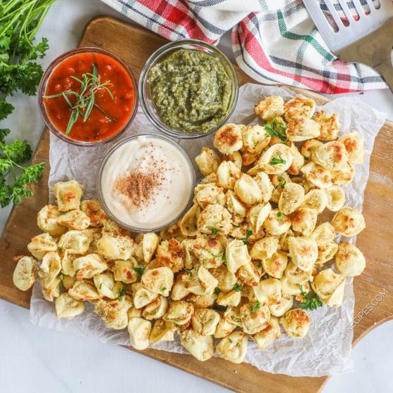 Baked Toasted Tortellini served with a dipping sauce trio