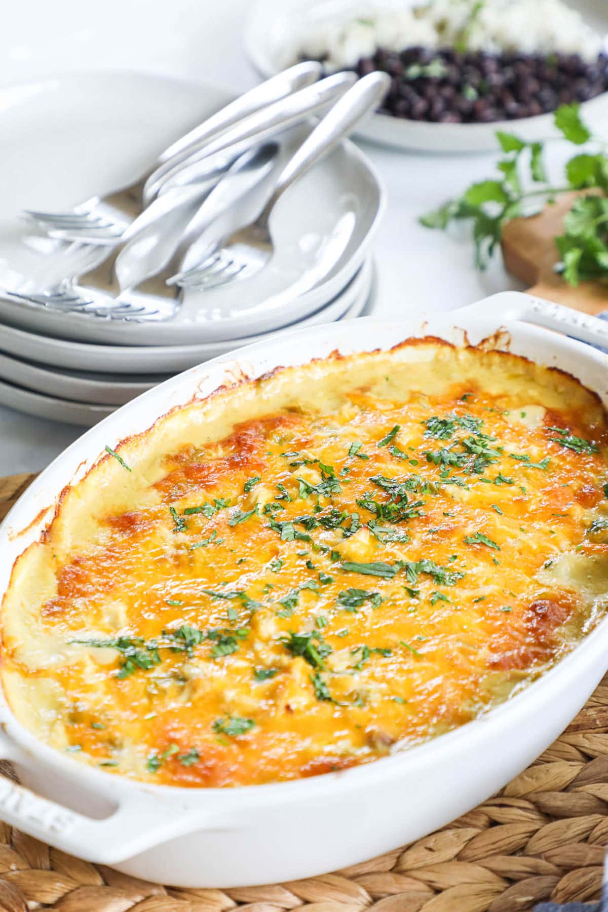 Green Chile Chicken in casserole dish after baking
