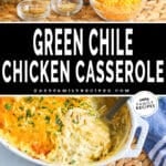 Two Images - Top is Green Chile Chicken in the casserole dish. Bottom is the ingredients to make the recipe