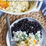 Green Chile Chicken on a plate with rice and black beans.