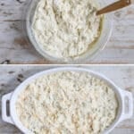 4 step by step images for Green Chile Chicken. Step 1 Combine all ingredients Step 2 Mix Step 3 Spread into a casserole dish Step 4 Top w cheese and bake