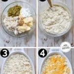 4 step by step images for Green Chile Chicken. Step 1 Combine all ingredients Step 2 Mix Step 3 Spread into a casserole dish Step 4 Top w cheese and bake