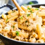Close up of cheeseburger pasta in skillet