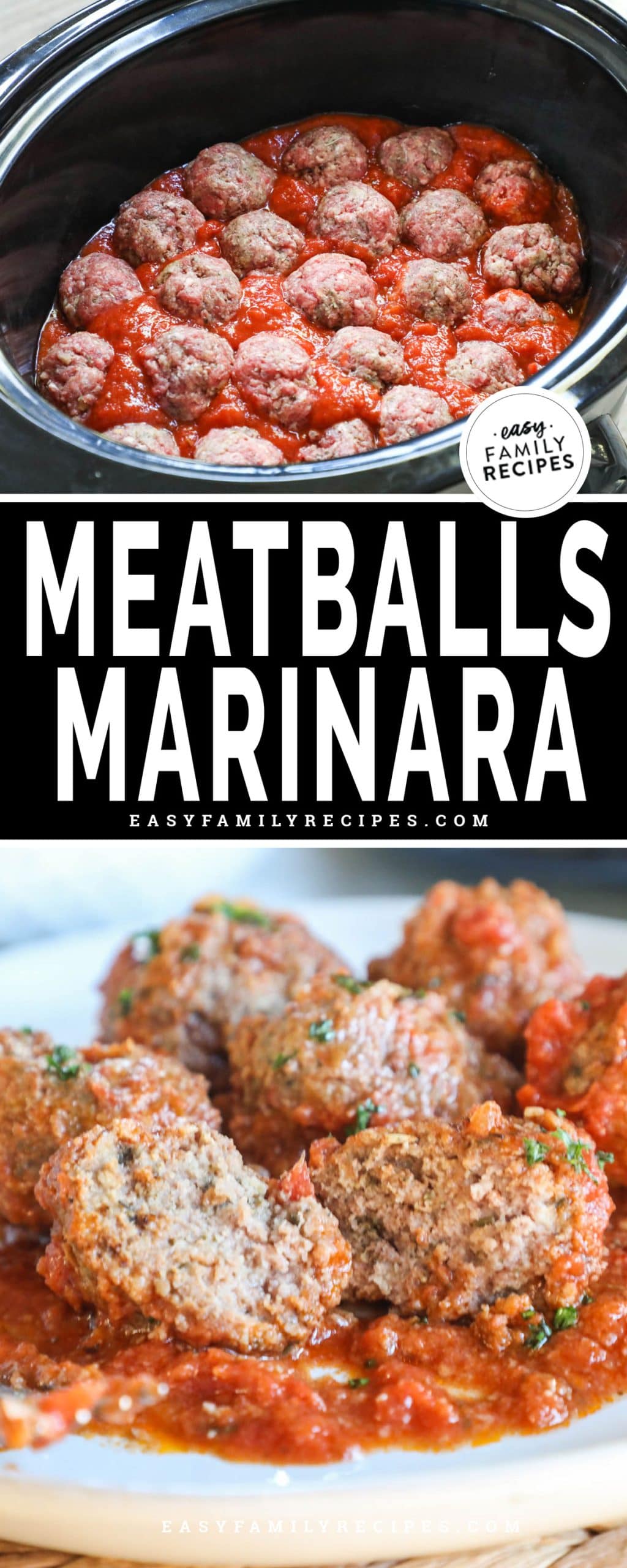 Beef Meatballs in marinara sauce in crockpot ready to cook, then served on a plate