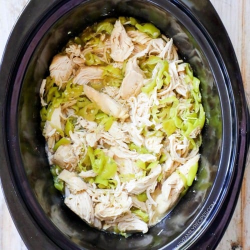 Shredded Mississippi Chicken prepared in a slow cooker