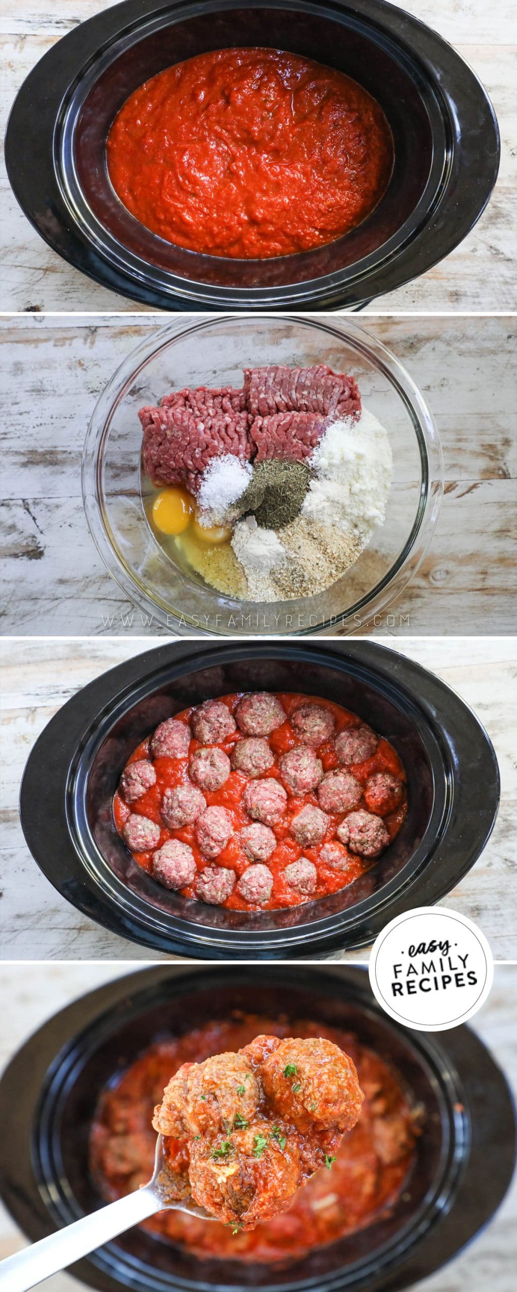 Process photos for How to Make Meatballs in Marinara in the crockpot 1. Pour marinara sauce in crock pot. 2. make the ground beef meatballs 3. Place meatballs in the sauce. 4. Slow Cook until done. Serve with pasta or on sub rolls.