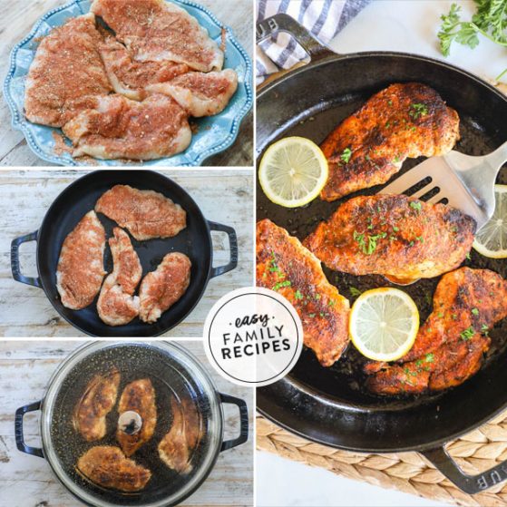 Step by step for blackened chicken breast - 1. Season Chicken. 2. Melt butter in skillet and add chicken. 3. Flip chicken breast and cover. 4. Rest chicken and serve.
