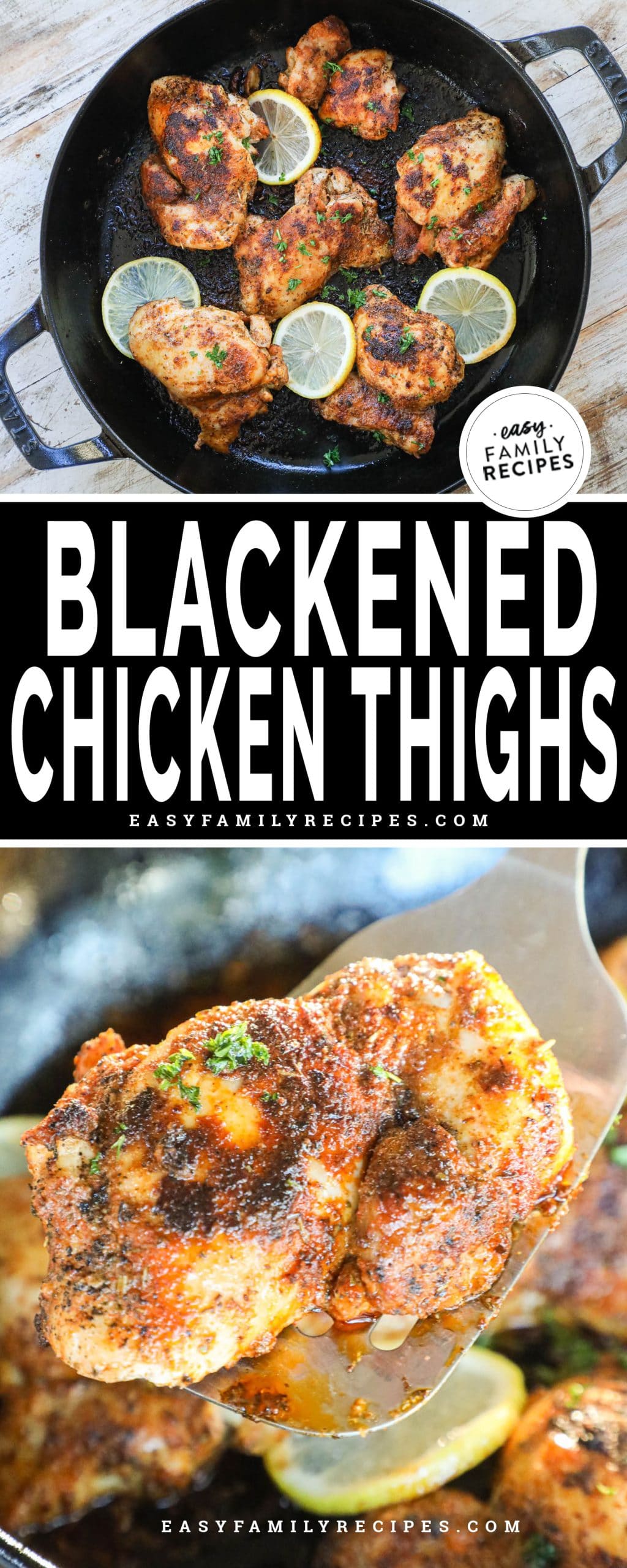 Blackened chicken thighs cooked in a cast iron skillet with lemon and butter