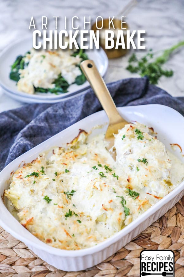 Cheesy Artichoke Chicken in a baking dish ready to serve