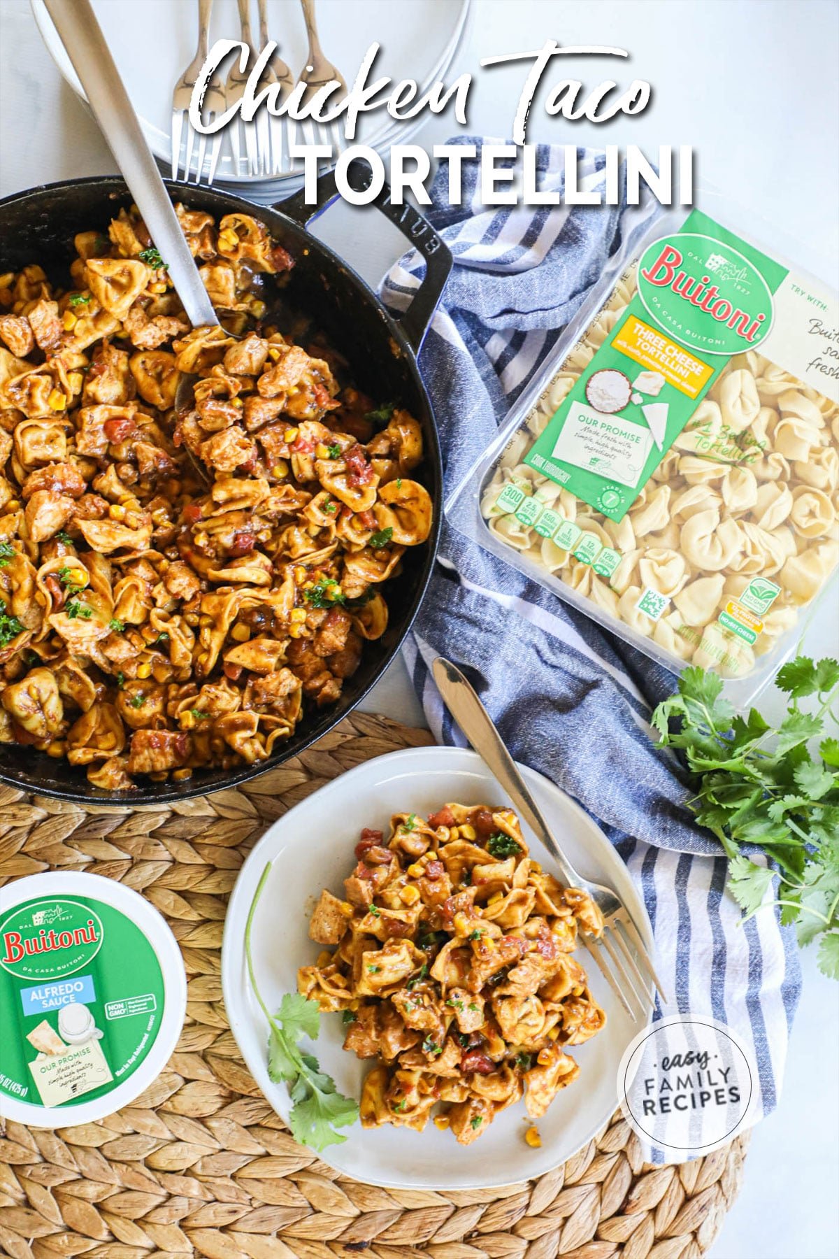 Taco tortellini skillet served on plates