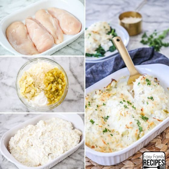 Step by Step for Making Artichoke Chicken Bake - 1. Place chicken breast in a baking dish. 2. Combine artichokes, cream cheese, green chiles. parmesan and spices and mix to combine. 3. Smother chicken with artichoke mixture. 4. Top with cheese and bake.