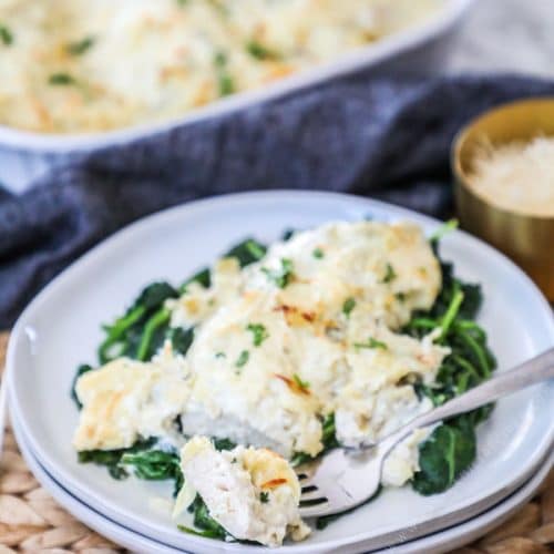 Low Carb Artichoke chicken served over spinach