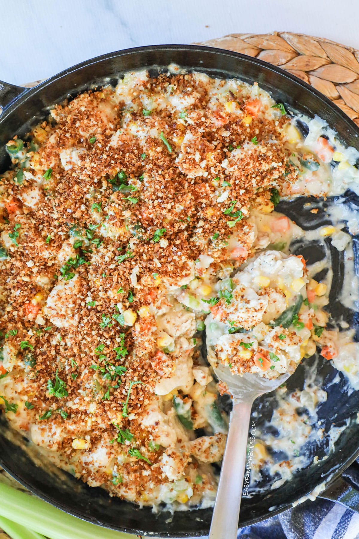 Close up of Crustless Chicken Pot Pie with Breadcrumbs on top