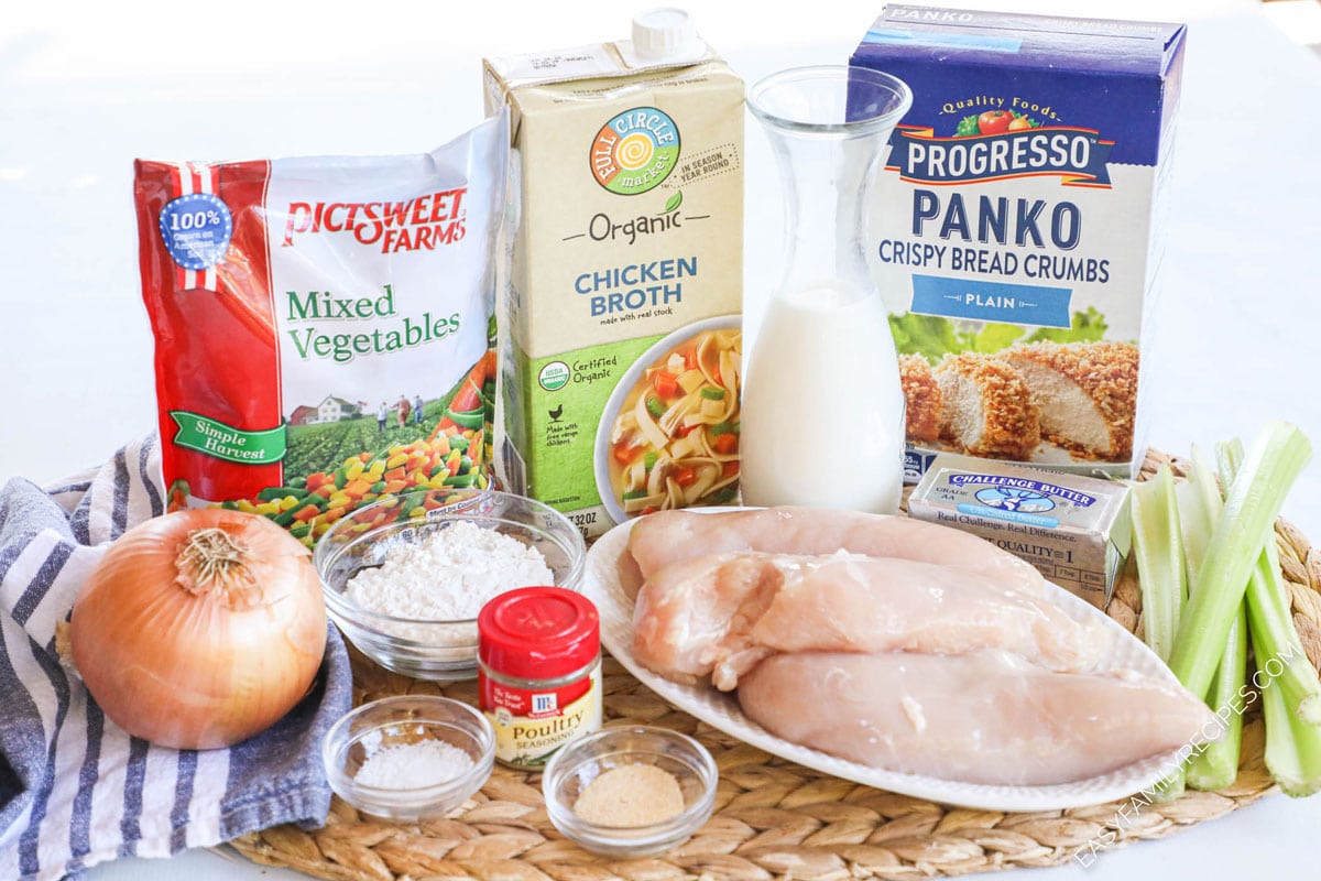 Ingredients for crustless chicken pot pie chicken breast, chicken broth, celery, onion, mixed vegetables, cream, panko bread crumbs
