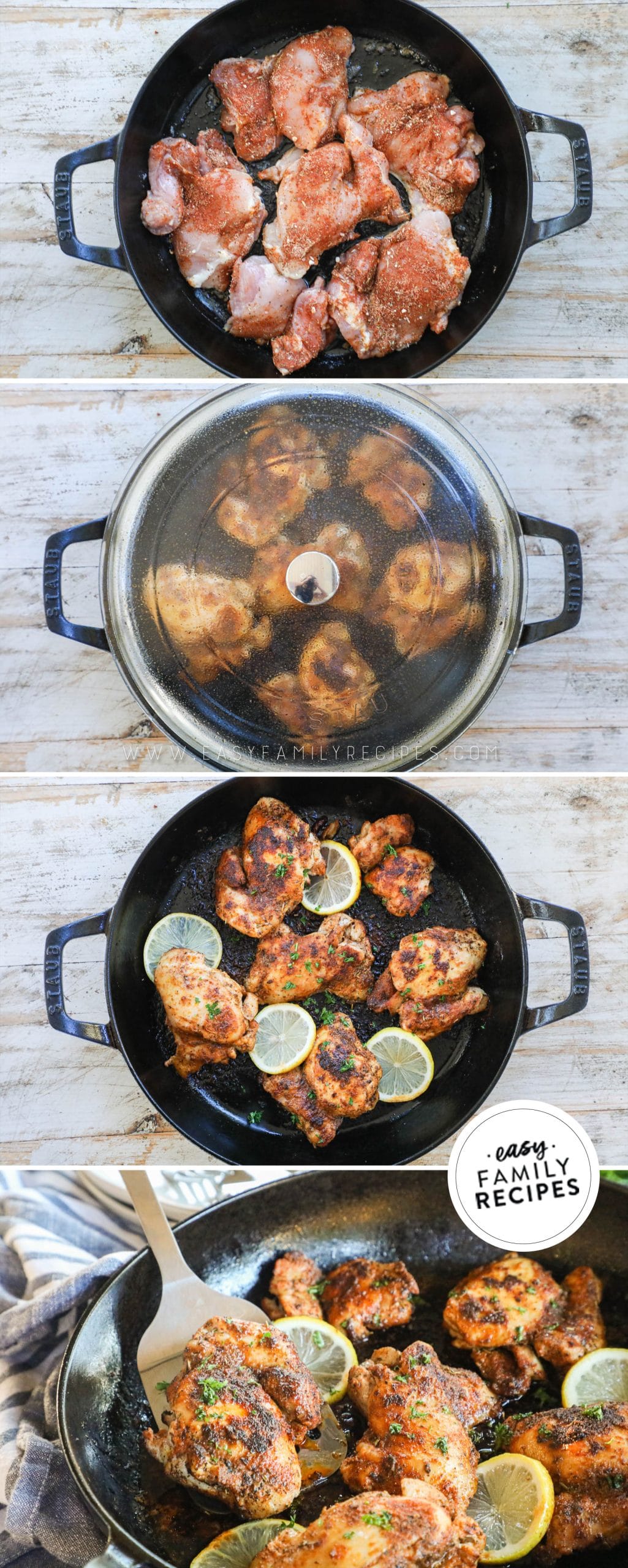How to cook blackened chicken thighs 1) Season and sear the chicken 2) Flip and cover 3) Finish with lemon slices if desired 4) Serve chicken 