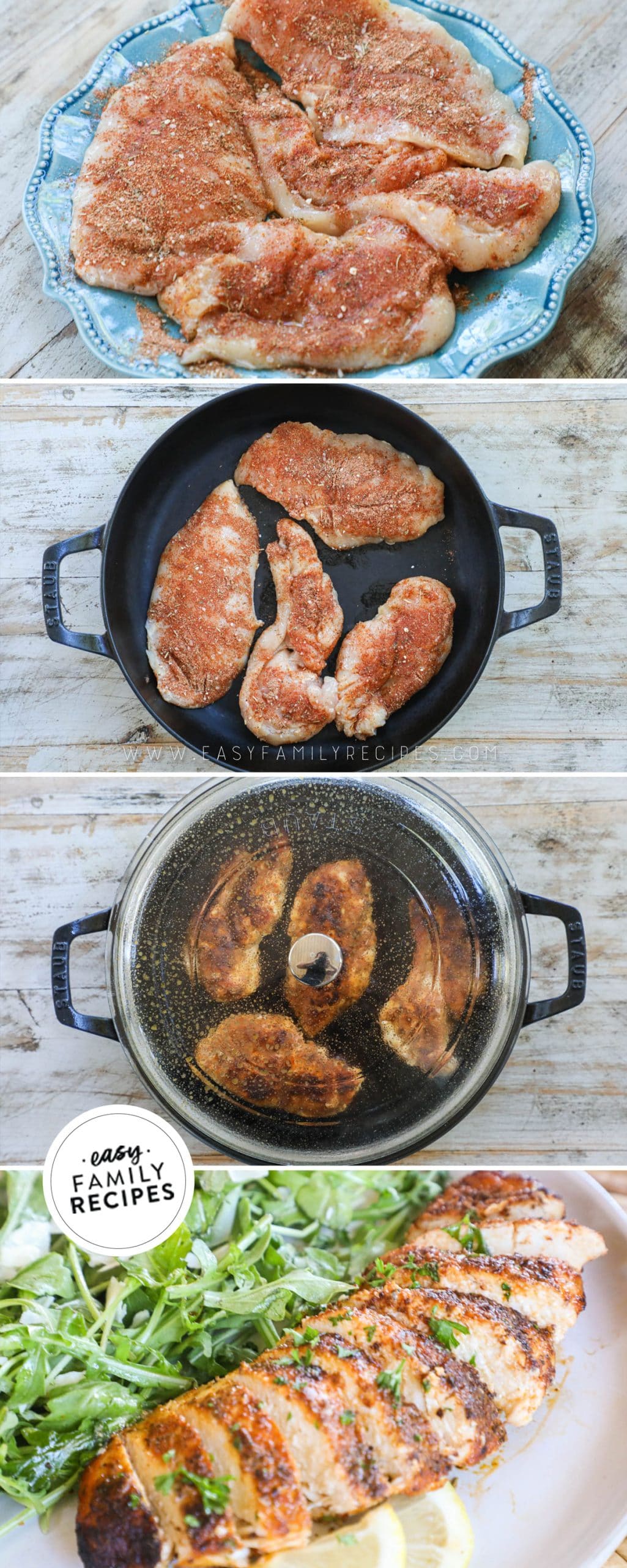 How to make Blackened Chicken Breast in a skillet - 1. Season Chicken. 2. Melt butter in skillet and add chicken. 3. Flip chicken breast and cover. 4. Rest chicken and serve.