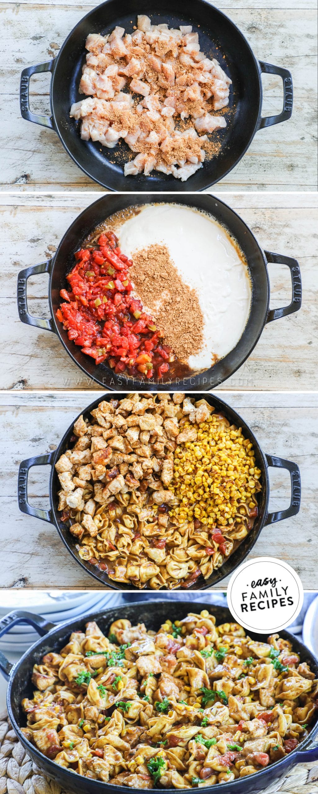 Process photos for How to make taco tortellini 1. brown chicken in skillet. 2. Mix alfredo sauce, taco seasoning, and tomatoes with green chiles, 3. Add tortellini and simmer 4. Stir in chicken, charred corn, and mix together.