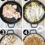 Photo collage of how to make crustless chicken pot pie