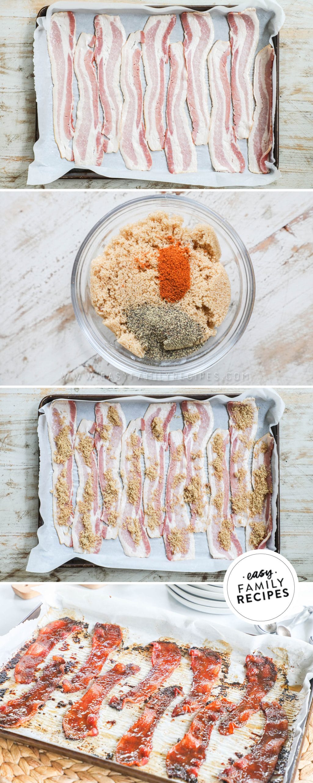 Process photos for how to make million dollar bacon - 1. Line sheet with parchment paper and lay bacon in a single layer. 2. Mix together sugar and spices. 3. Spread sugar mixture over bacon and pat in. 4. Bake for 25-30 min or until bacon reaches desired crispiness.