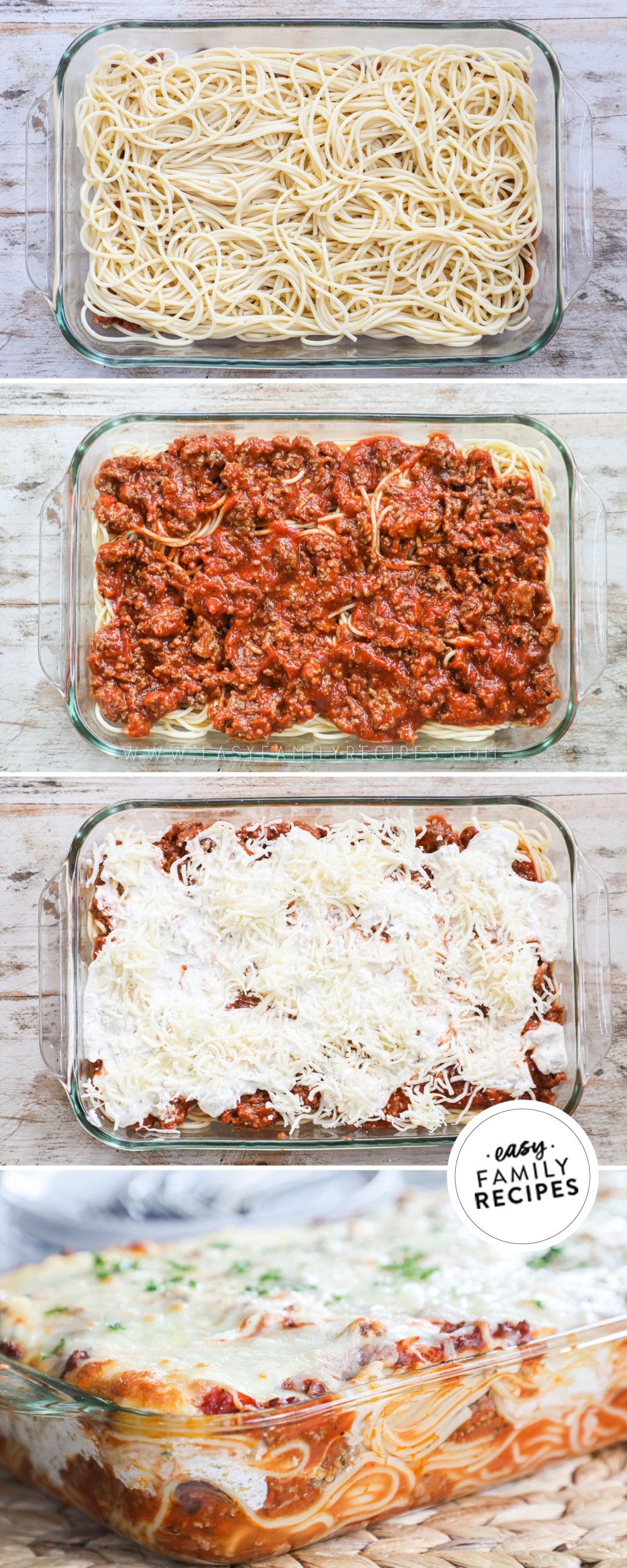 Process photos for How to make Million Dollar Spaghetti- 1. Spread sauce in dish and layer spaghetti noodles on top. 2. Add a layer of meat sauce. 3. Layer on cheese mixture and repeat again. 4. Bake in a casserole dish until edges bubble.