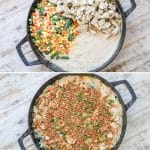 process photos for how to make crustless chicken pot pie- 1. Brown chicken breast. 2. Saute celery and onions and add flour to make a roux. 3. combine with chicken and vegetables and simmer. 4. Cover with toasted panko bread crumbs and serve warm.