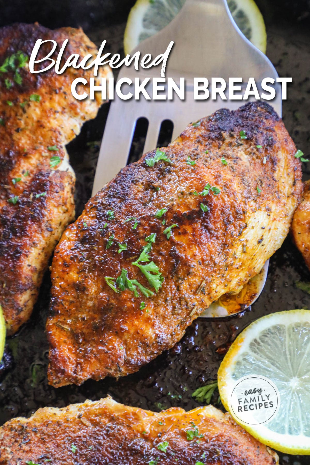 Seasoned blackened chicken breast made with butter in a skillet