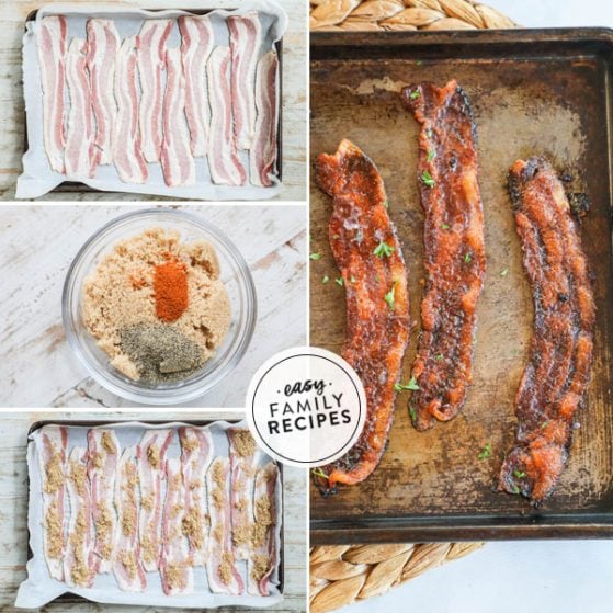 Step by step for making First Watch Million Dollar Bacon- 1. Line sheet with parchment paper and lay bacon in a single layer. 2. Mix together sugar and spices. 3. Spread sugar mixture over bacon and pat in. 4. Bake for 25-30 min or until bacon reaches desired crispiness.