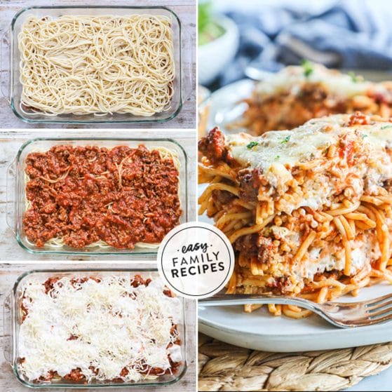 Step by step for making Million Dollar Spaghetti casserole - 1. Spread sauce in dish and layer spaghetti noodles on top. 2. Add a layer of meat sauce. 3. Layer on cheese mixture and repeat again. 4. Bake in a casserole dish until edges bubble.