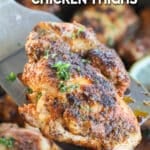 Close up of freshly made blackened chicken thigh seasoned and cooked in cast iron.