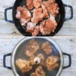 Process photos for how to make blackened chicken thighs recipe in cast iron pan.