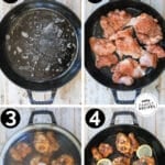 Process photos for how to make blackened chicken thighs recipe in cast iron pan.