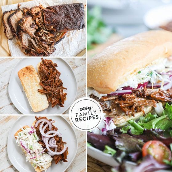 Step by step for making Brisket Sandwich with leftover brisket 1. Chop leftover BBQ brisket. 2. Toast bun and add chopped brisket. 3. Prepare and add jalapeno slaw and sliced onion. 4. Serve with BBQ Brisket a jus