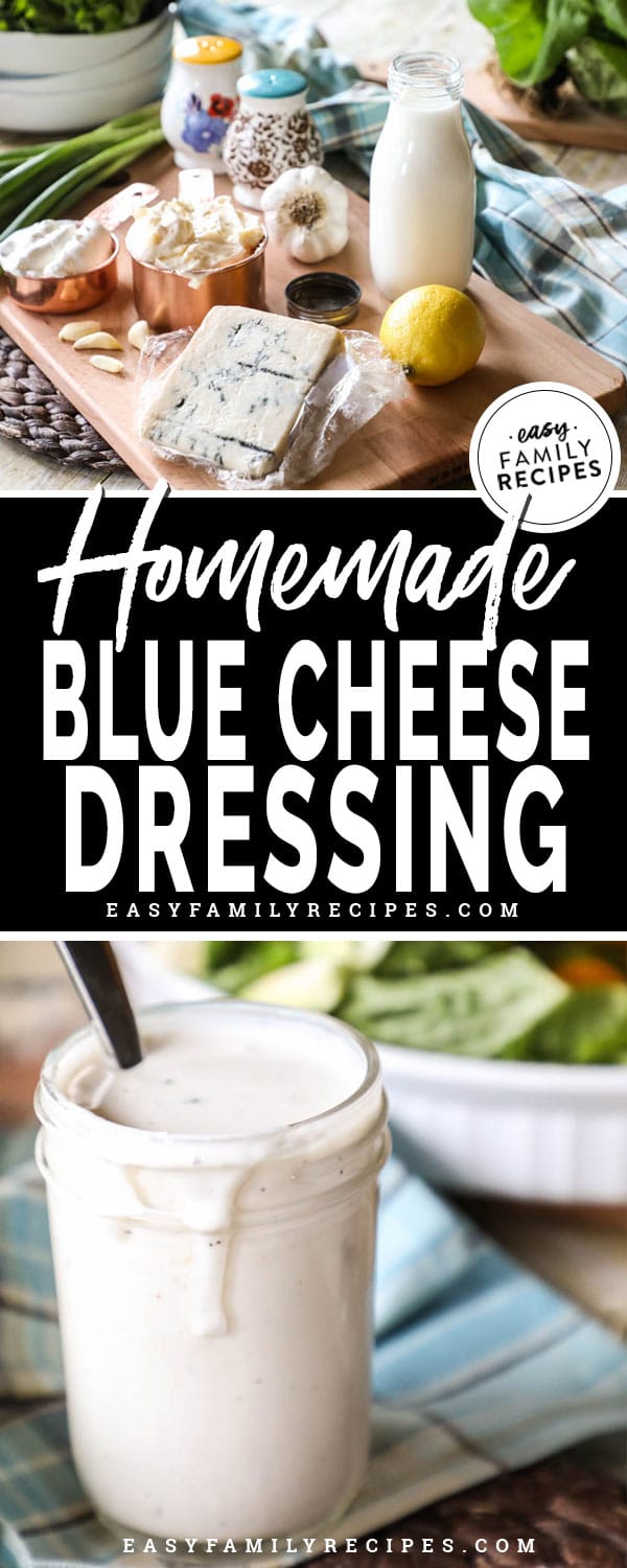 Homemade Blue Cheese Salad Dressing in a mason jar.