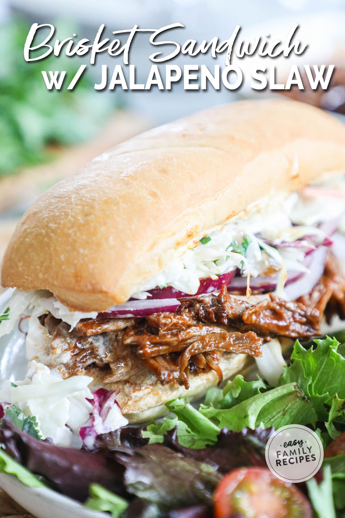 Plated Chopped Brisket Sandwich piled high wih leftover brisket, jalapeno coleslaw, and onions on a toasted sub roll next to a side salad