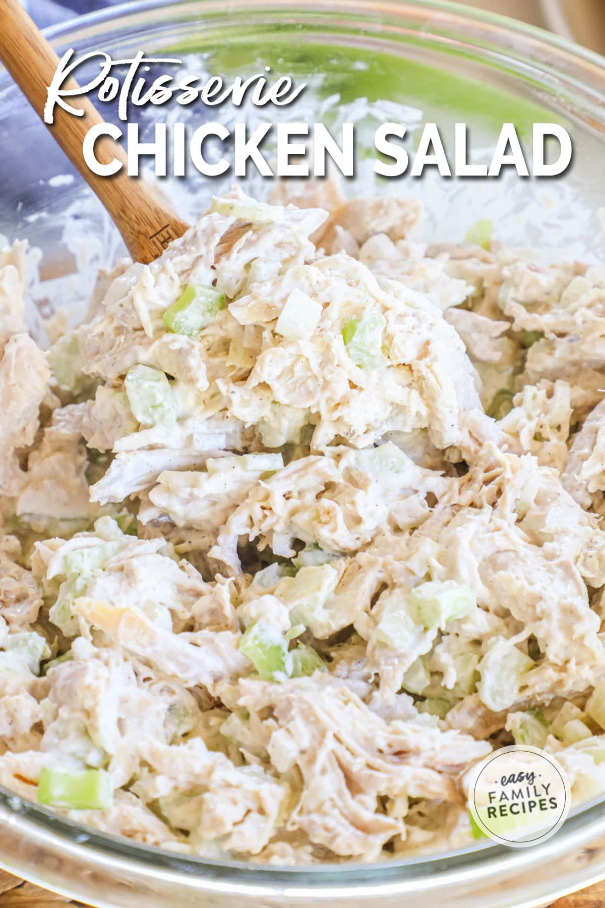 Chicken salad made with rotisserie chicken celery, onion, and mayo mixed in a bowl