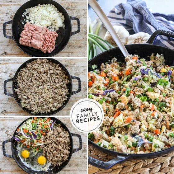 how to make stir fry with ground turkey 1)add turkey and diced onions to a large skillet 2) brown together 3) add cabbage, frozen veggies, and eggs 4) serve