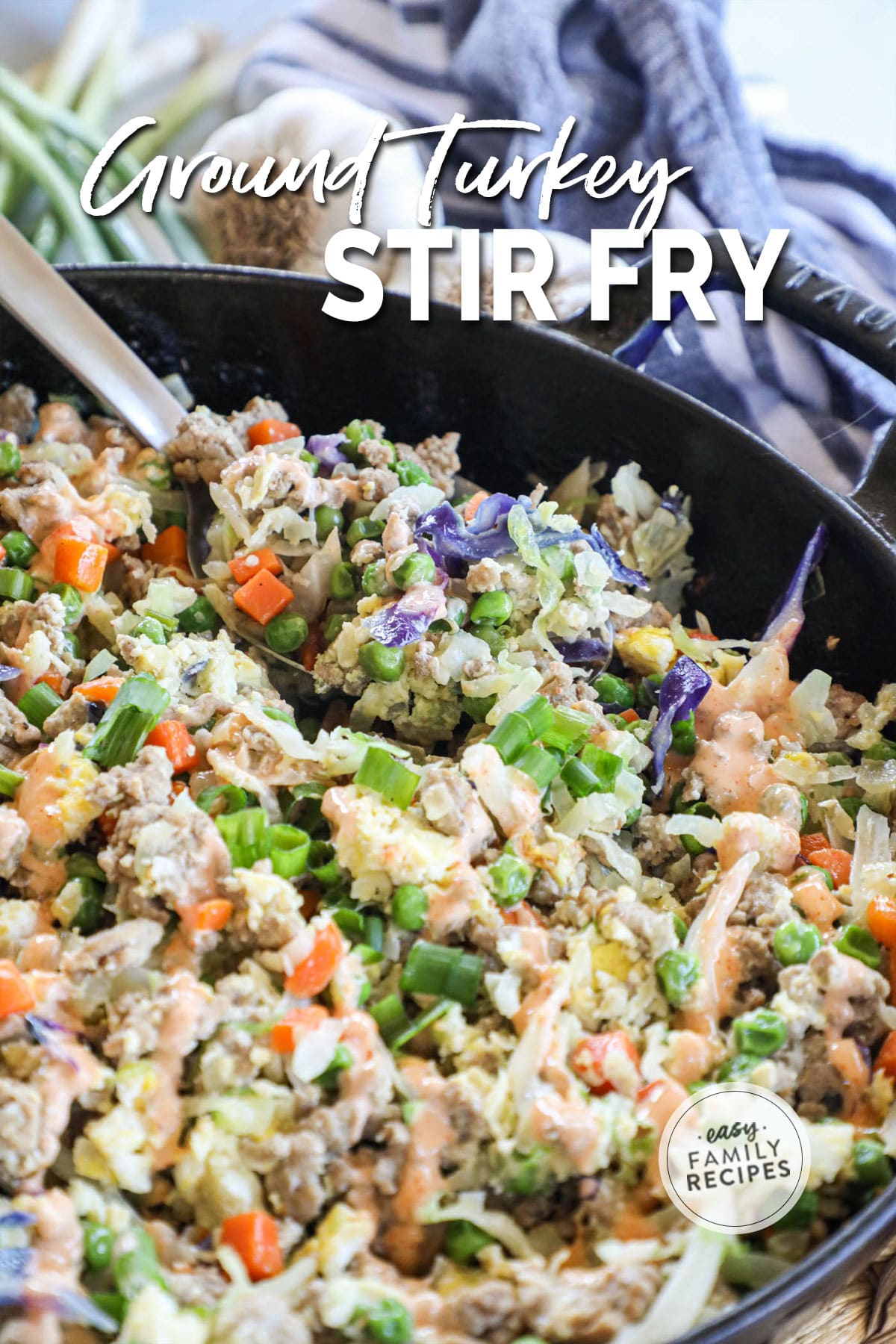 cabbage and vegetable ground turkey stir fry in a large skillet