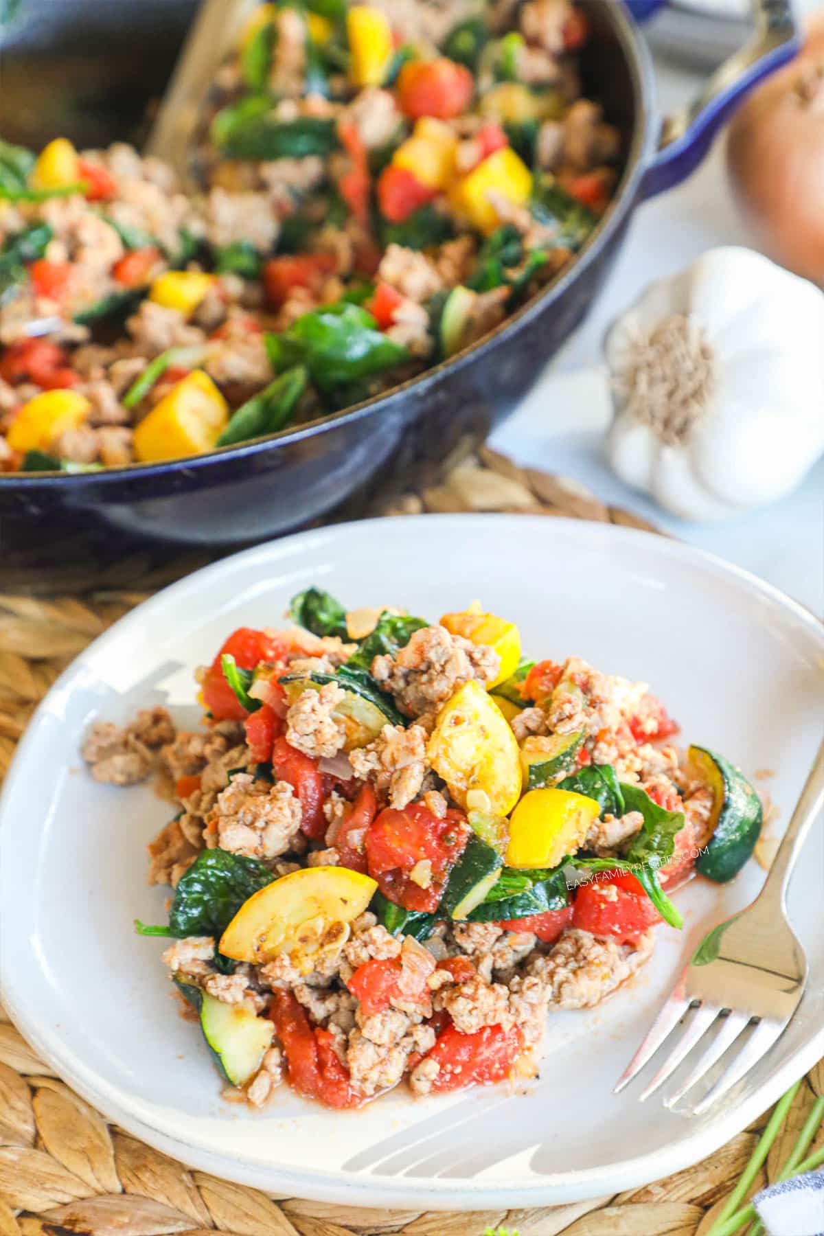 Ground turkey Italian Skillet with vegetables served on a plate for dinner.