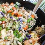 cabbage and vegetable ground turkey stir fry in a large skillet