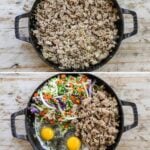 how to make stir fry with ground turkey 1. add turkey and diced onions to a large skillet 2) brown together 3) add cabbage, frozen veggies, and eggs 4) serve