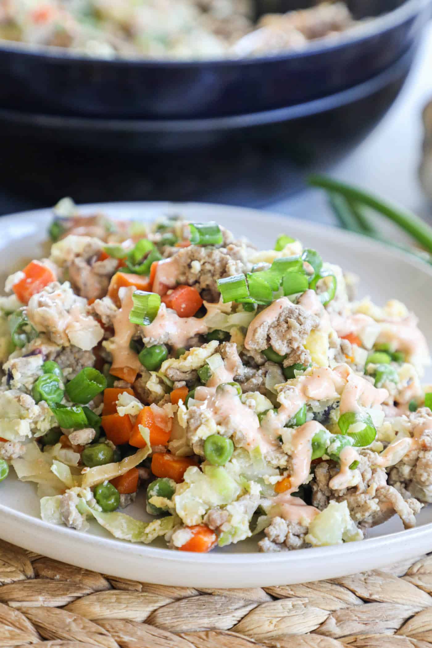 stir fried ground turkey with cabbage and frozen vegetables on a plate