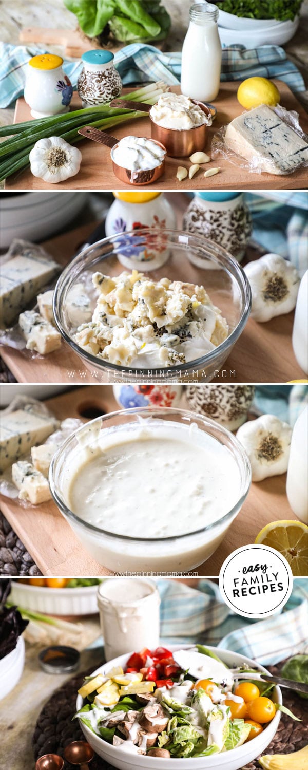 Process photos for How to Make Blue Cheese Dressing: 1. Gather ingredients. 2. combine in a bowl. 3. Use immersion blender to mix until desired consistency. 4. Serve on salad or as a dip.